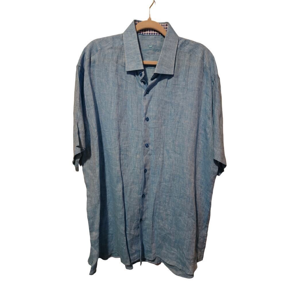 Bertigo‎ 100% linen button up short sleeve collared top mens blue size 3XL